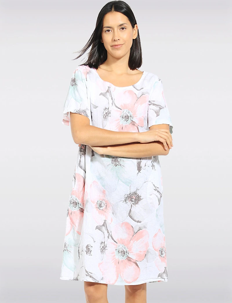 Robe en Cotton Florale à Manches Courtes Poches & Bord Tricoté par Froccella