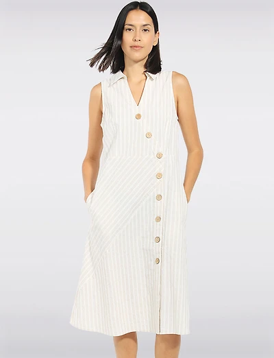 Robe Midi Légère Rayée en Coton Sans Manches à Col Chemise avec Poches Côté Coup
