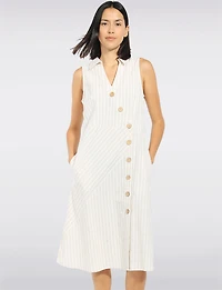 Robe Midi Légère Rayée en Coton Sans Manches à Col Chemise avec Poches Côté Coup