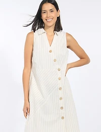 Robe Midi Légère Rayée en Coton Sans Manches à Col Chemise avec Poches Côté Coup