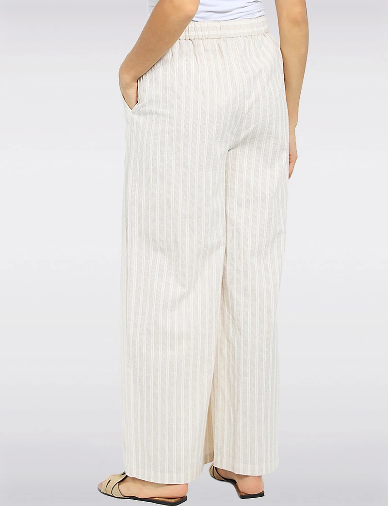 Pantalon Rayé Coupe Décontractée à Jambe Large en Coton Enfiler avec Poches