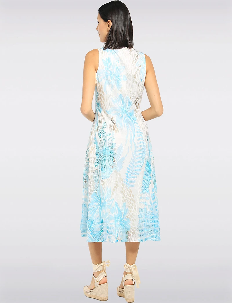 Robe Midi Sans Manches en Maille Extensible Doublée à Motif Botanique Bleu C