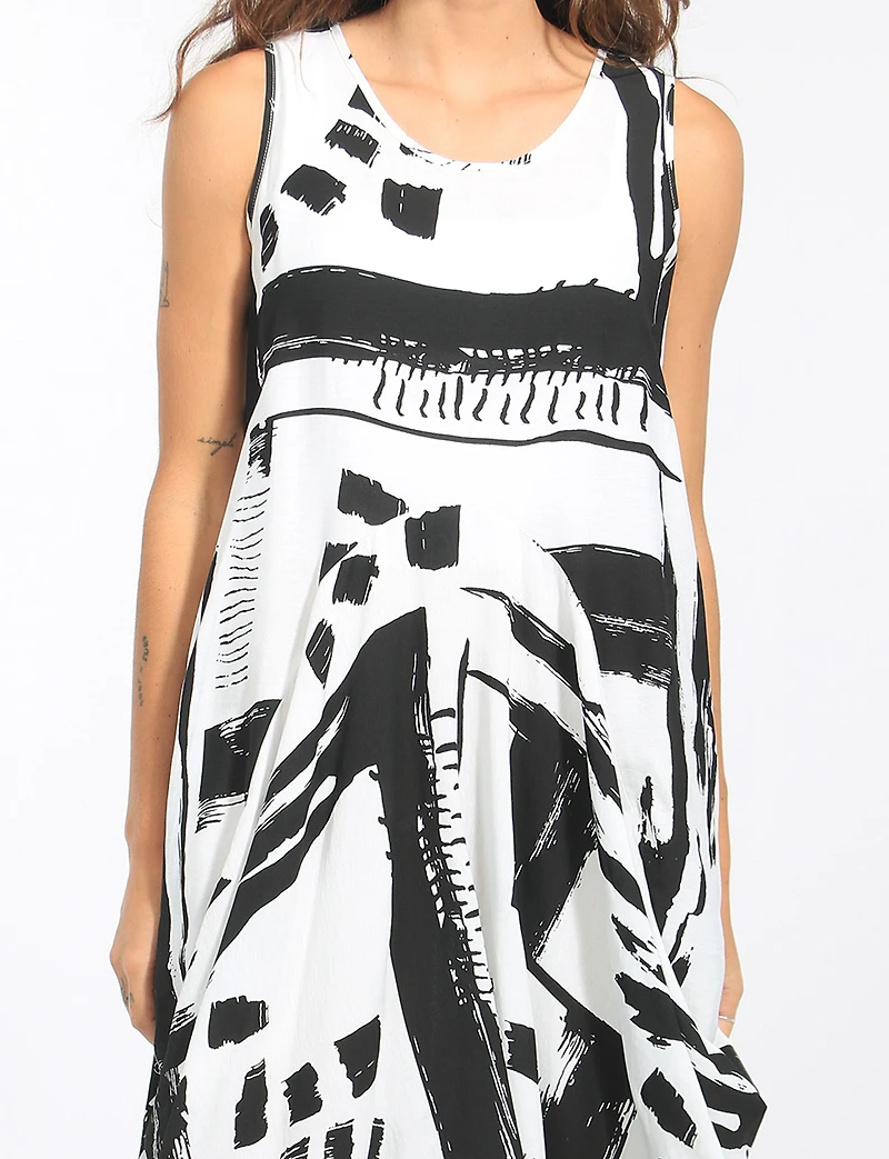 Robe Midi Coupe Ballon Sans Manches à Motif Abstrait Avec Poches Par Elena Wang