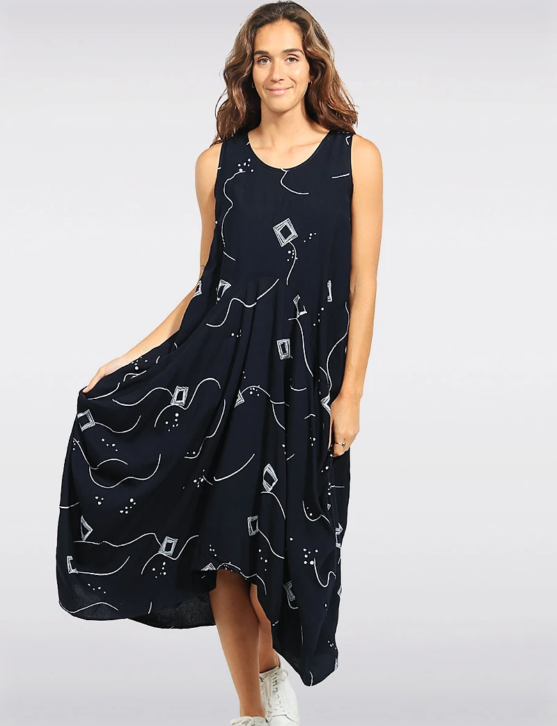 Robe Midi Sans Manches Coupe Ballon Imprimé Abstrait Avec Poches par Elena Wang
