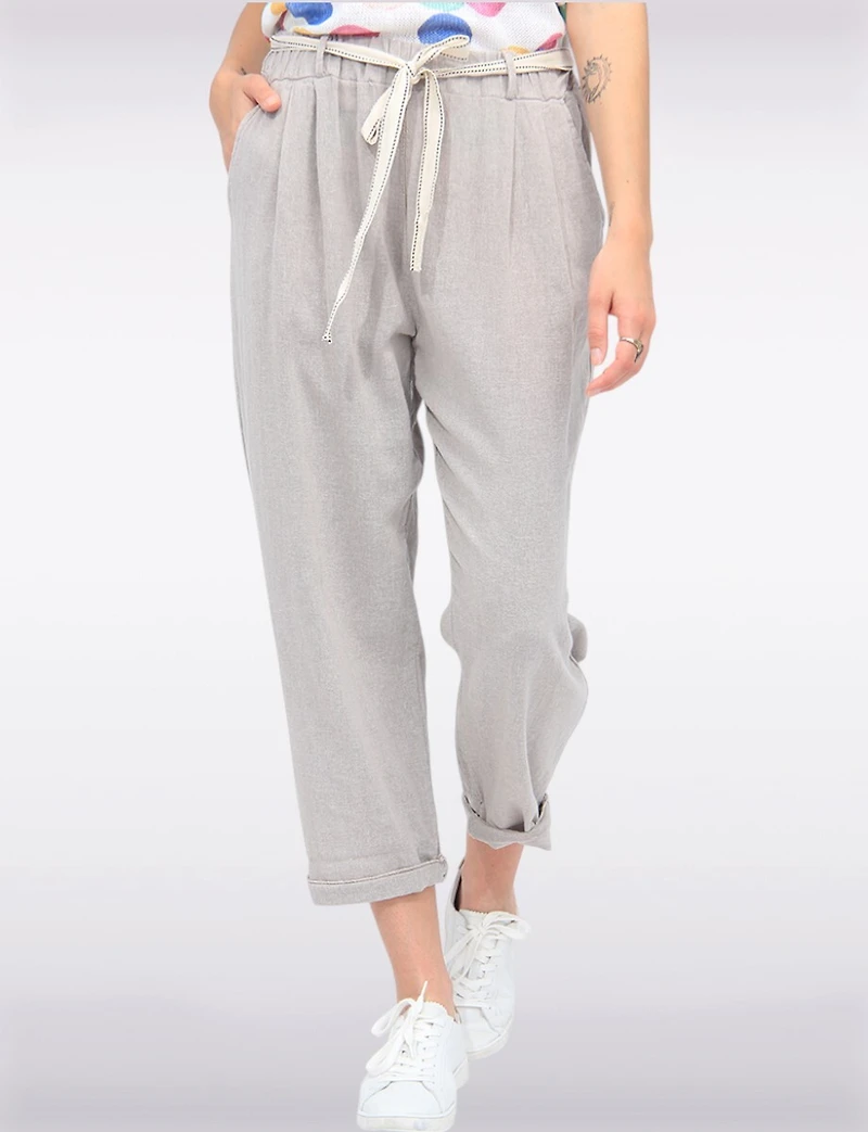 Pantalon Droit à Taille Haute avec Plis Ceinturé en Lin Mélange par Froccella