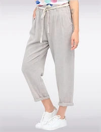 Pantalon Droit à Taille Haute avec Plis Ceinturé en Lin Mélange par Froccella