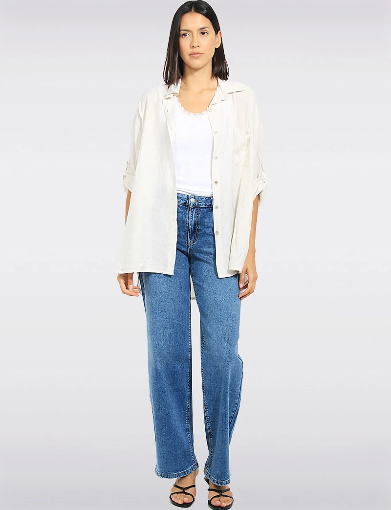 Chemise Légère Froissée Fluide à Boutons avec Manches 3/4 Ajustables Froccella