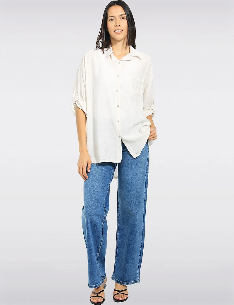 Chemise Légère Froissée Fluide à Boutons avec Manches 3/4 Ajustables Froccella