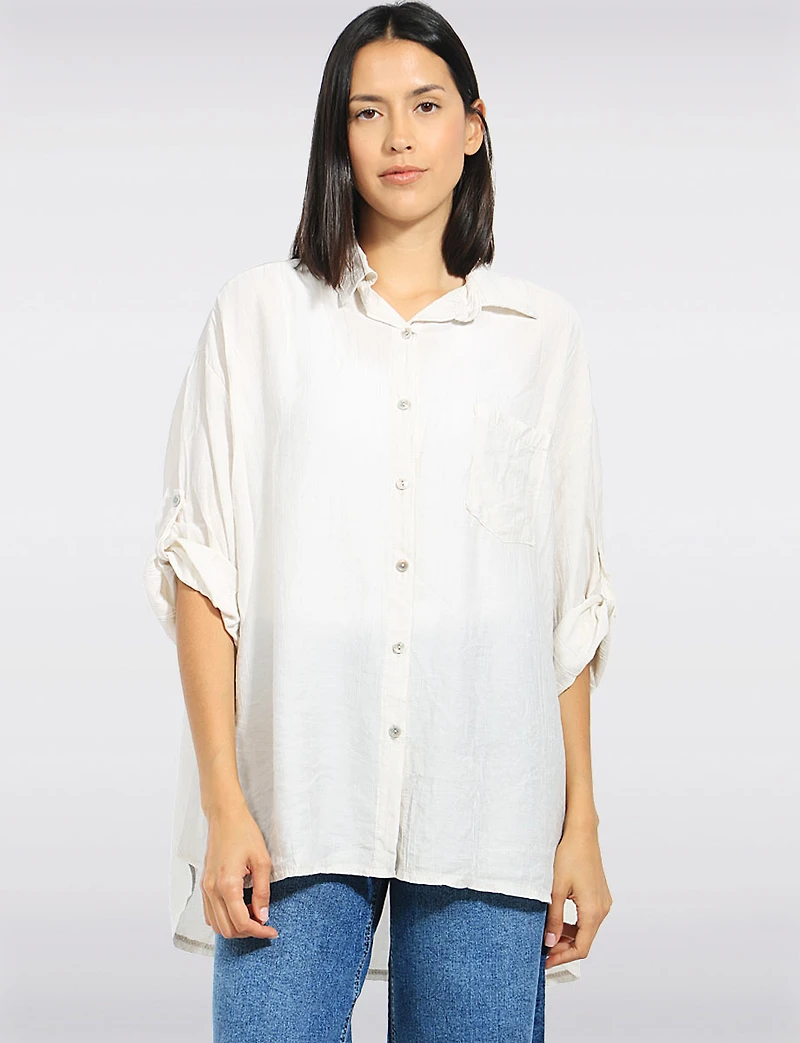 Chemise Légère Froissée Fluide à Boutons avec Manches 3/4 Ajustables Froccella