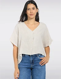 Haut en Lin Légère Boutonné Col V Manches Courtes Coupe Ample par Froccella