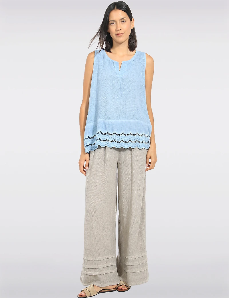 Chemise en Lin Sans Manches Col Fendu Ourlet Brodé Anglais par Froccella