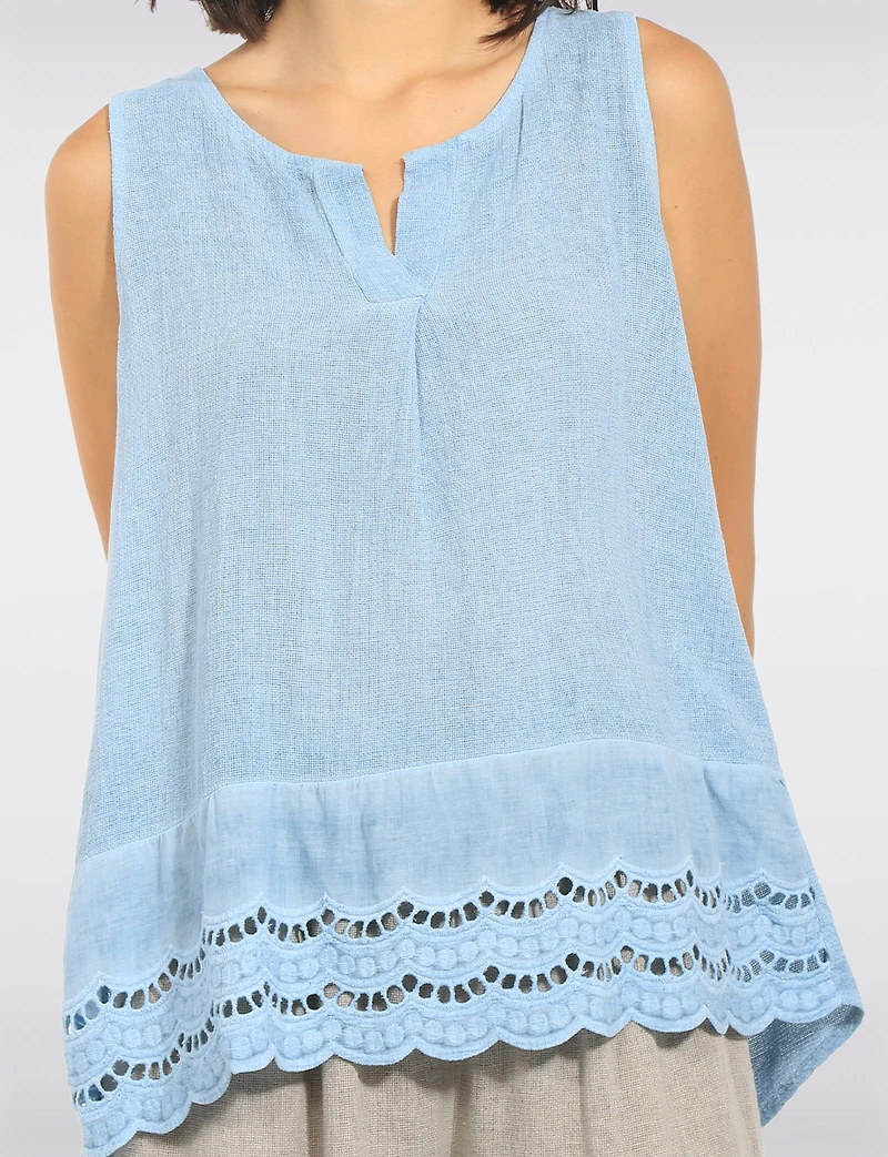 Chemise en Lin Sans Manches Col Fendu Ourlet Brodé Anglais par Froccella