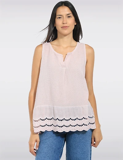 Chemise en Lin Sans Manches Col Fendu Ourlet Brodé Anglais par Froccella