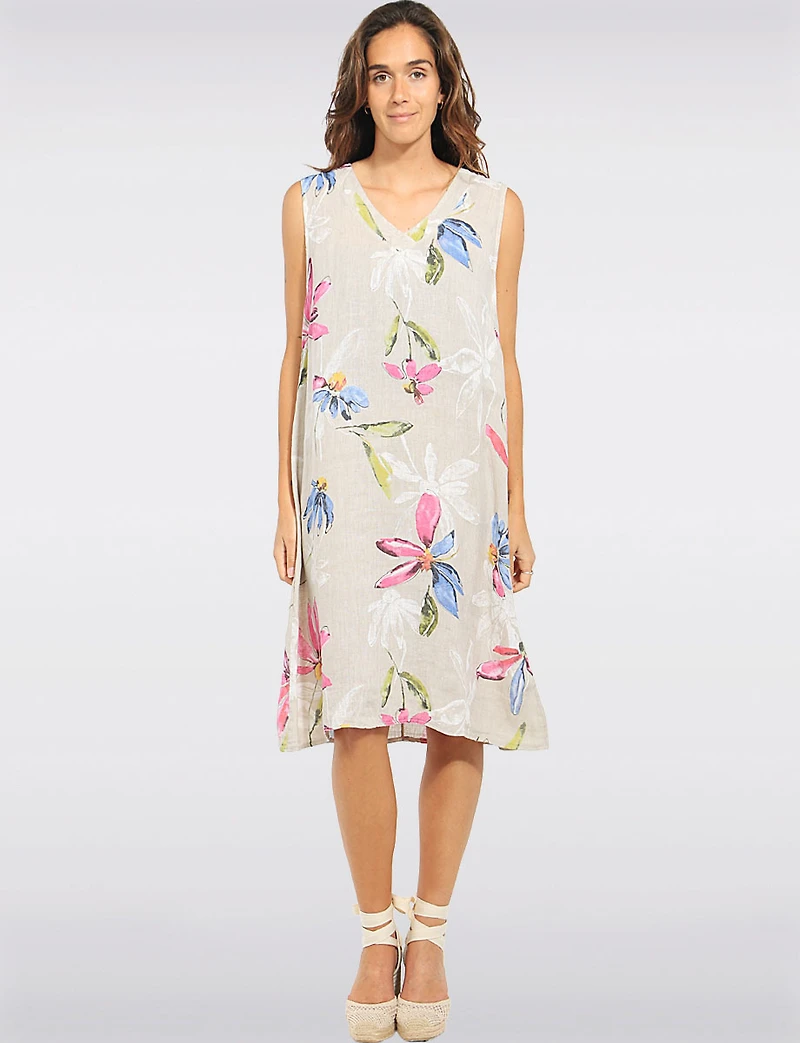 Robe Légère en Lin Col V Sans Manches Motif Floral à Coupe Amples par Froccella