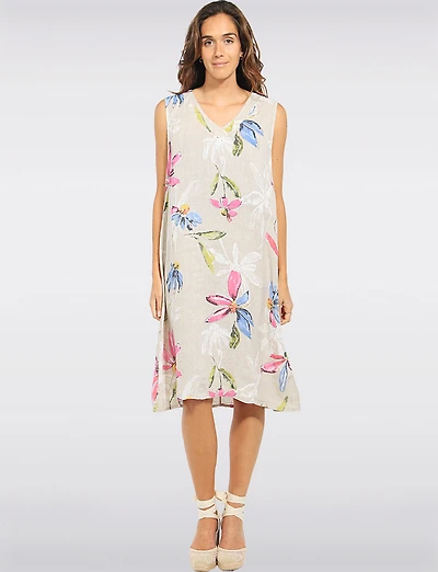 Robe Légère en Lin Col V Sans Manches Motif Floral à Coupe Amples par Froccella