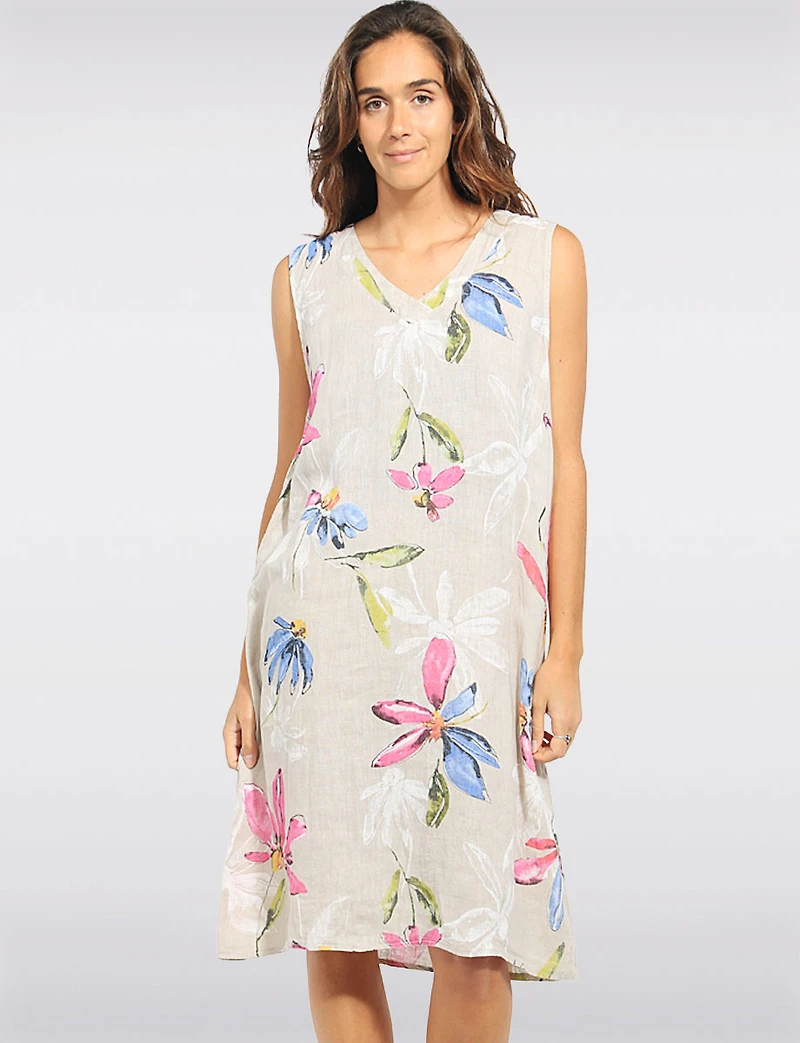 Robe Légère en Lin Col V Sans Manches Motif Floral à Coupe Amples par Froccella