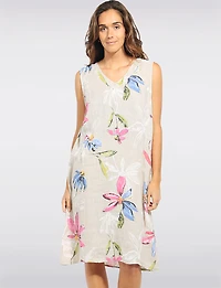Robe Légère en Lin Col V Sans Manches Motif Floral à Coupe Amples par Froccella