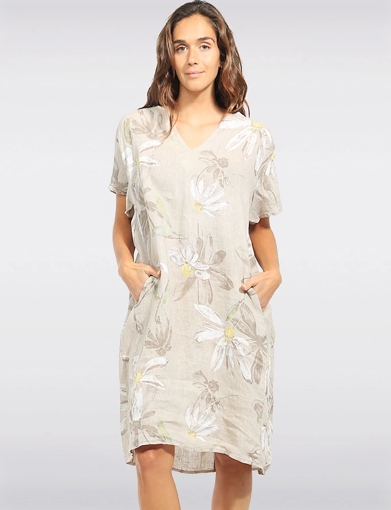 Robe Lin Motif Marguerites Col Fente Manches Courtes avec Poches par Froccella