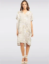 Robe Lin  Motif Marguerites Col Fente Manches Courtes avec Poches par Froccella