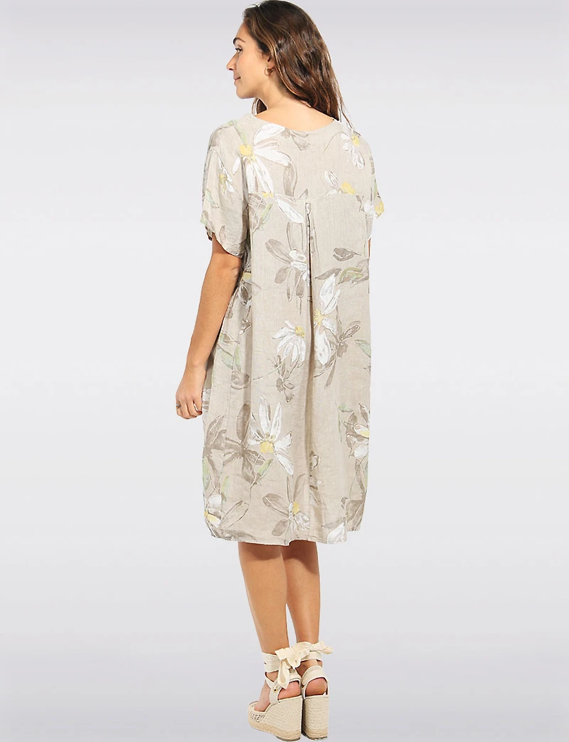 Robe Lin Motif Marguerites Col Fente Manches Courtes avec Poches par Froccella