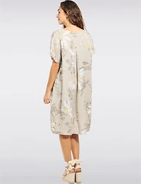 Robe Lin  Motif Marguerites Col Fente Manches Courtes avec Poches par Froccella