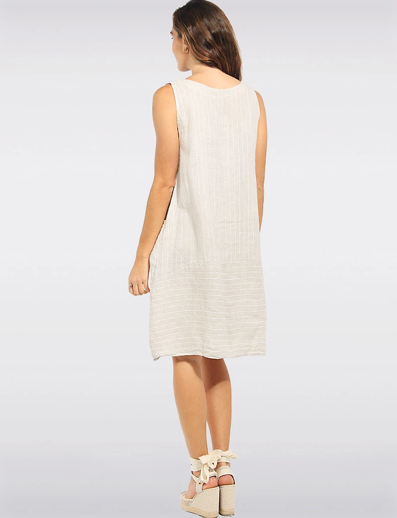 Robe Légère Rayée en Lin Sans Manches Col Rond et Poches Plaquées par Froccella