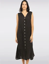 Robe Lin Midi Boutonnée Col en V Sans Manches Coupe A-Ligne par Froccella