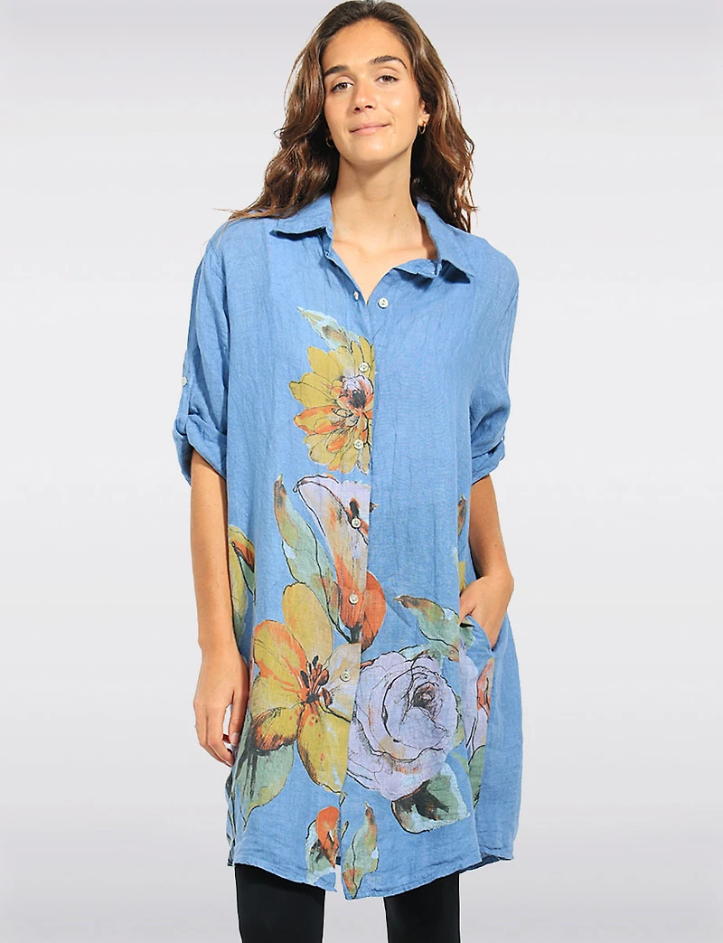 Tunique Chemise Lin Fleurie Boutonnée Manches Ajustables avec Poches Froccella