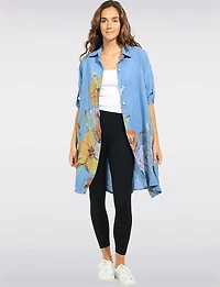 Tunique Chemise Lin Fleurie Boutonnée Manches Ajustables avec Poches Froccella