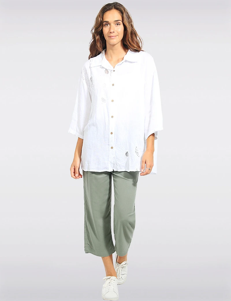 Chemise Lin Coton Boutonnée Manches 3/4 et Détails Brodés par Froccella