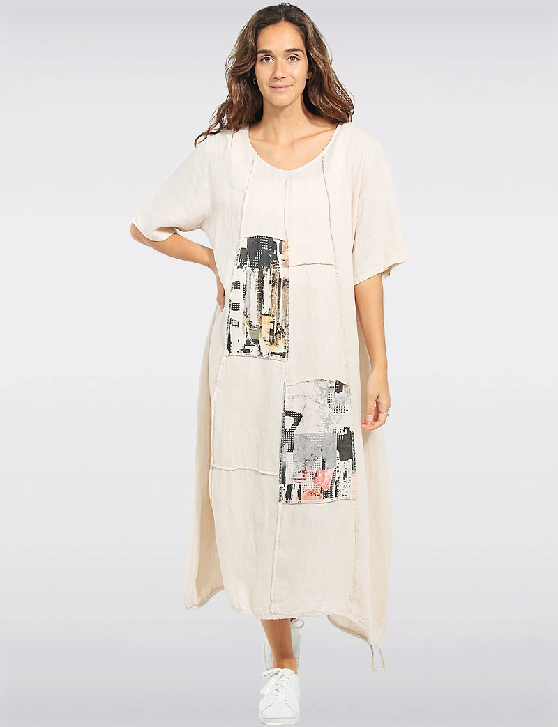 Robe Maxi Légère Coupe Ballon Patchwork en Lin Coton avec Cordon Froccella