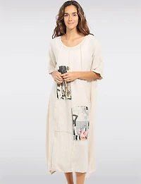 Robe Maxi Légère Coupe Ballon Patchwork en Lin Coton avec Cordon Froccella