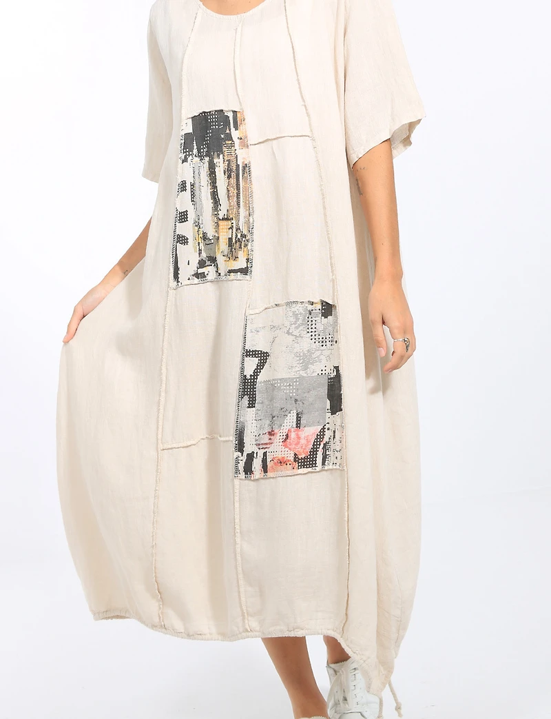 Robe Maxi Légère Coupe Ballon Patchwork en Lin Coton avec Cordon Froccella