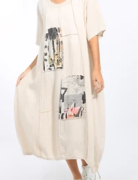 Robe Maxi Légère Coupe Ballon Patchwork en Lin Coton avec Cordon Froccella