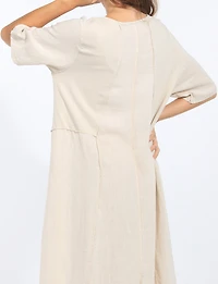Robe Maxi Légère Coupe Ballon Patchwork en Lin Coton avec Cordon Froccella