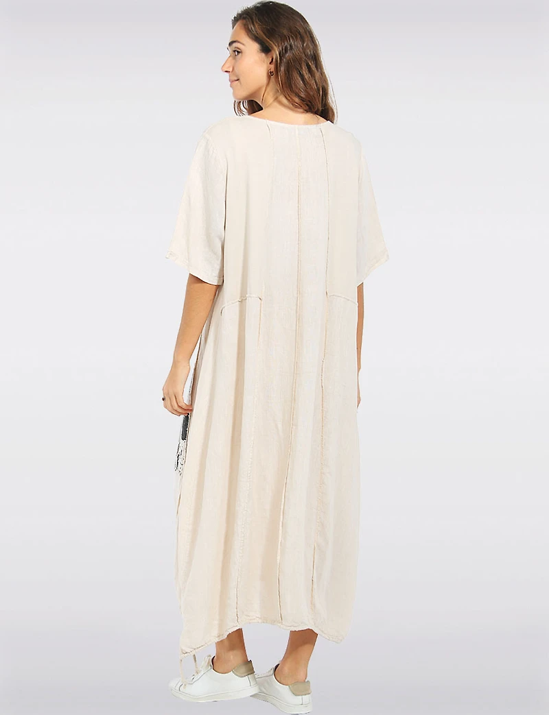 Robe Maxi Légère Coupe Ballon Patchwork en Lin Coton avec Cordon Froccella