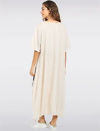 Robe Maxi Légère Coupe Ballon Patchwork en Lin Coton avec Cordon Froccella