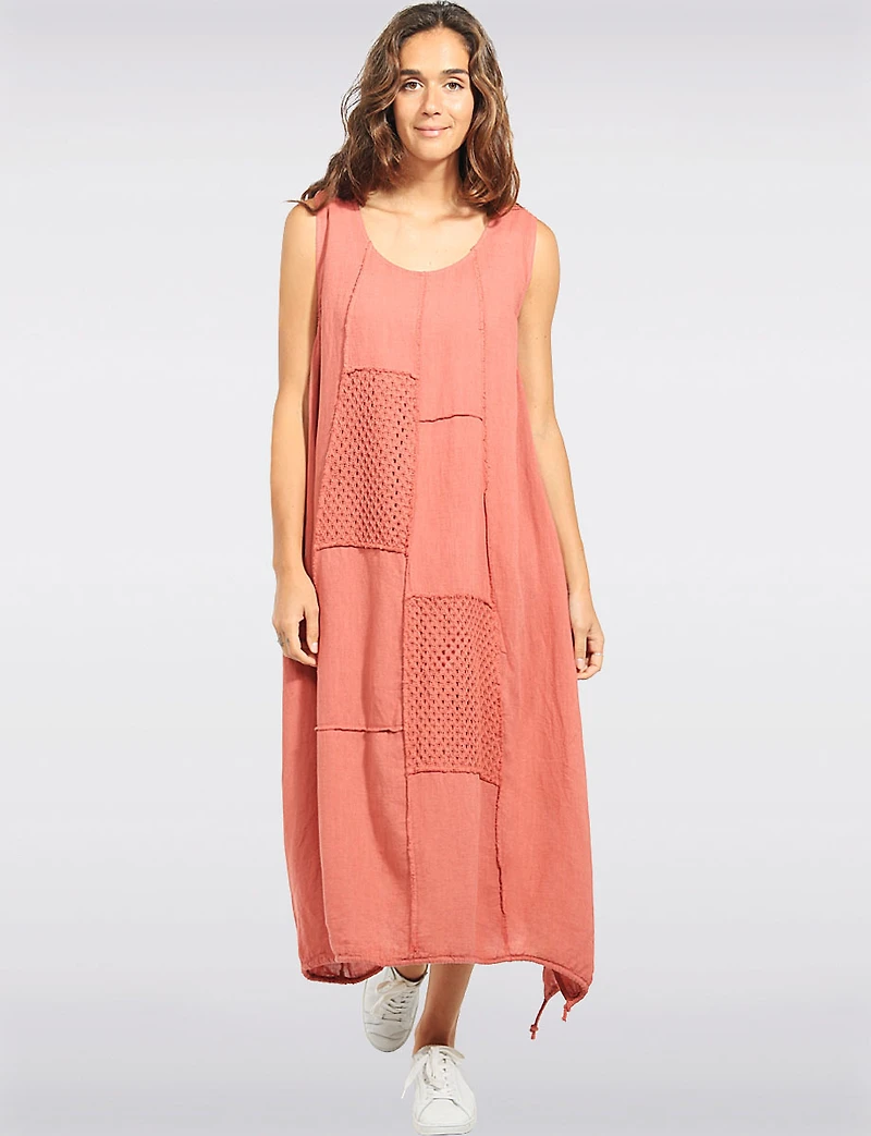 Robe Maxi Coupe Ballon Patchwork en Lin Coton avec Cordon par Froccella
