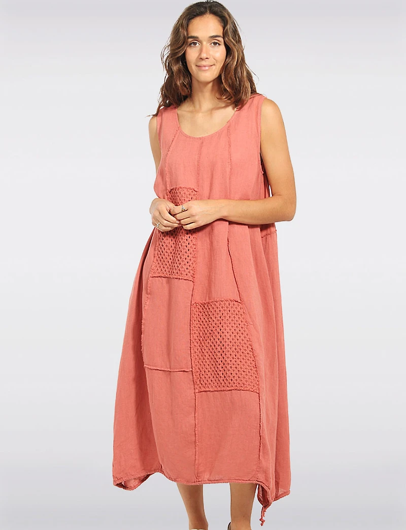 Robe Maxi Coupe Ballon Patchwork en Lin Coton avec Cordon par Froccella