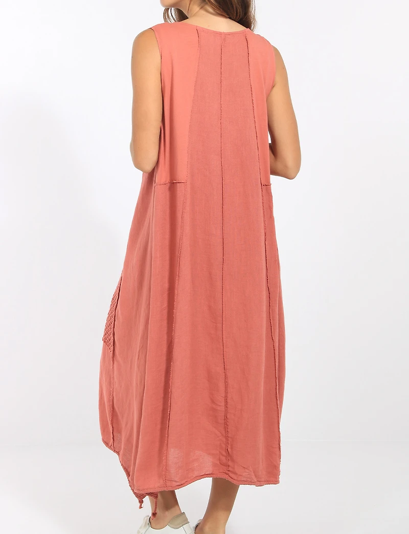 Robe Maxi Coupe Ballon Patchwork en Lin Coton avec Cordon par Froccella