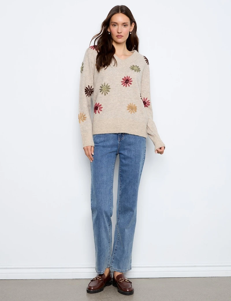 Chandail Tricoté À Col V Détails Côtelés & Broderies De Marguerites – Charlie B
