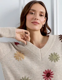 Chandail Tricoté À Col V Détails Côtelés & Broderies De Marguerites – Charlie B