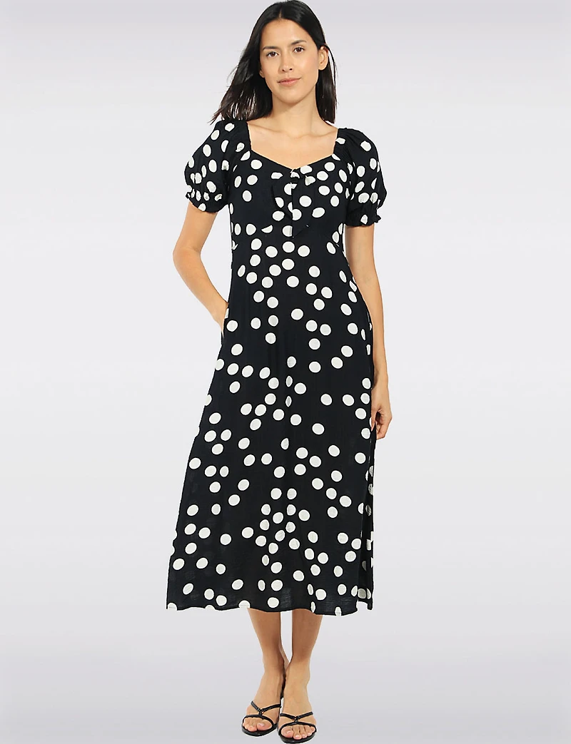 Robe Midi Trapèze À Imprimé Pois Manches Bouffantes & Poches Par Stella Morgan