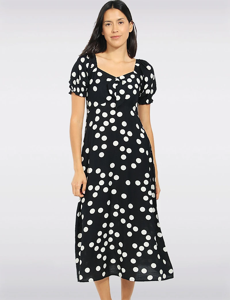 Robe Midi Trapèze À Imprimé Pois Manches Bouffantes & Poches Par Stella Morgan