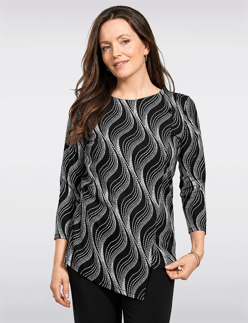 Haut En Tricot Asymétrique À Motif Abstrait Ondulé Et Bouton Décoratif Par Perle