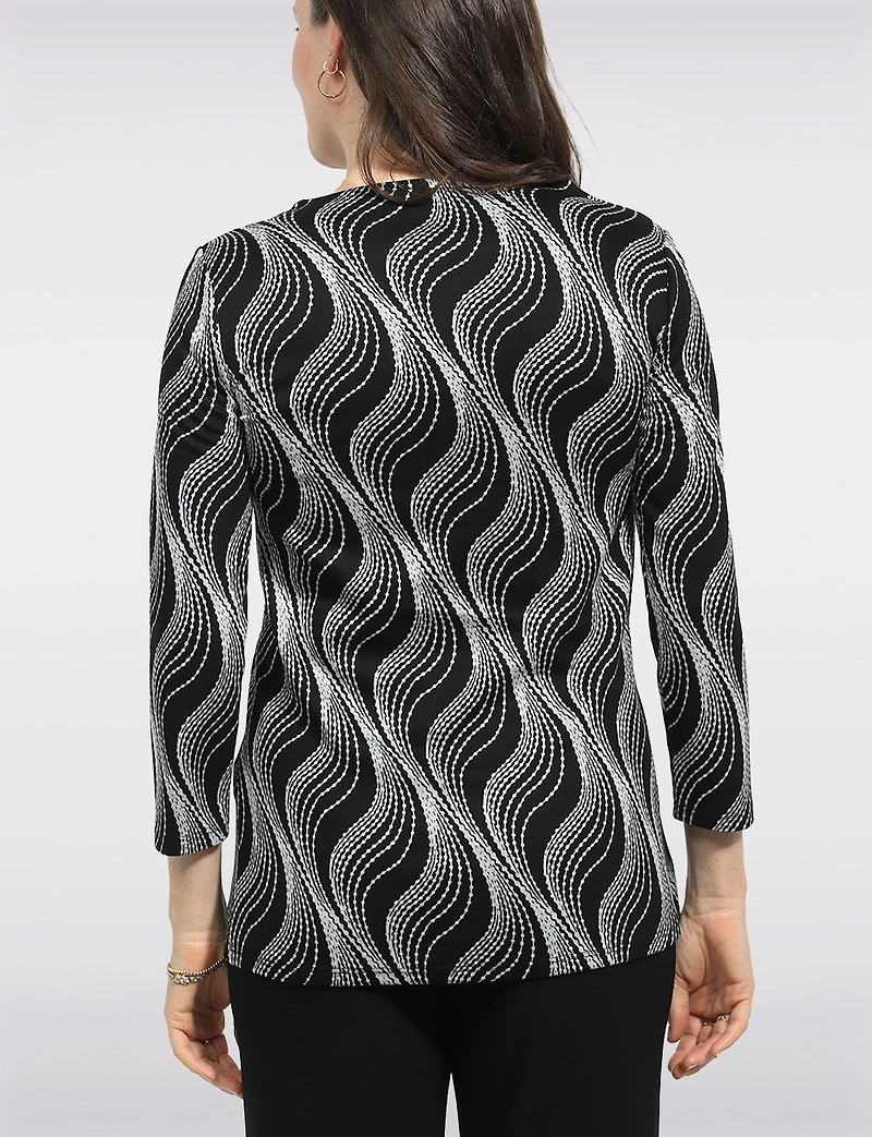 Haut En Tricot Asymétrique À Motif Abstrait Ondulé Et Bouton Décoratif Par Perle