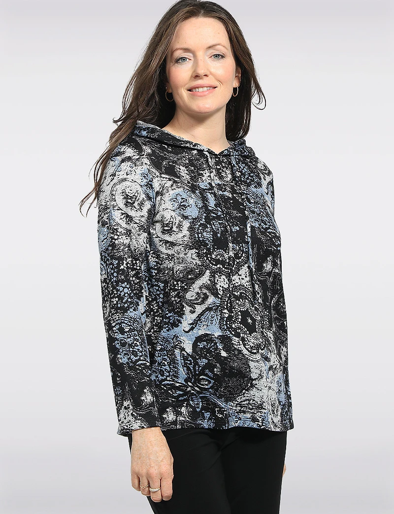 Haut Tricoté Extensible Doux À Capuche Avec Imprimé Abstrait & Fentes Par Perle