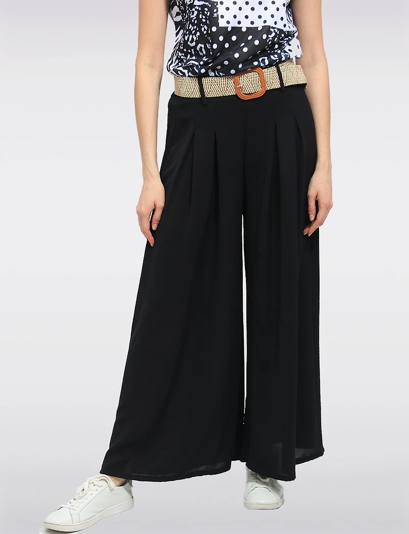 Pantalon Large Extensible Fluide avec Ceinture à boucle en paille par Froccella