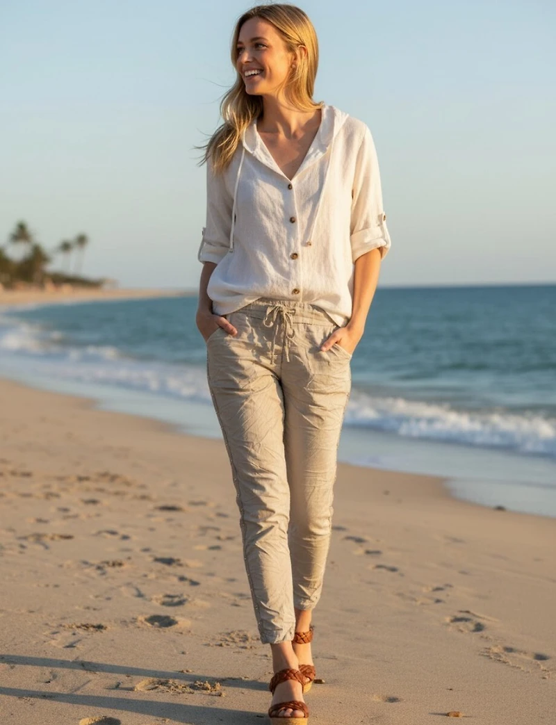 Pantalon Froissé Extensible Ajusté avec Taille Ajustable et Strass par Froccella