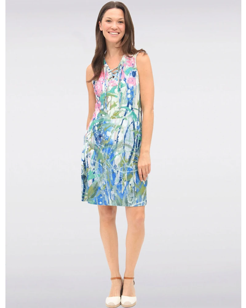 Robe Chic Sans Manches à Imprimé Abstrait & Col V à Cordon par Claire Desjardins